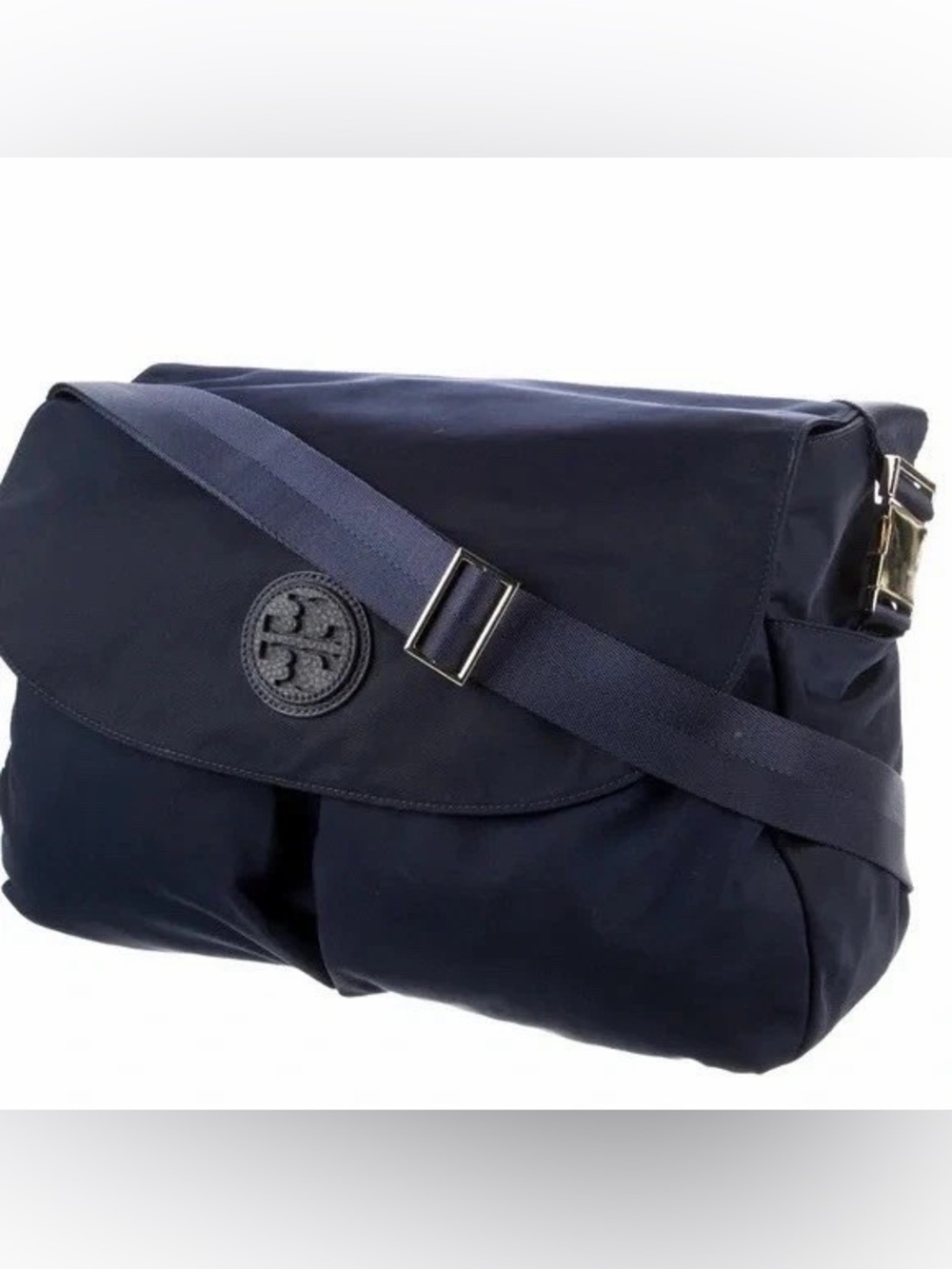 Tory Burch‎ Marion Messenger Luxe Mom Multi Use Black Nylon Leather Pockets EUC